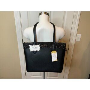 Kate Spade New York Black Leather Flash Glitter Tote Satchel